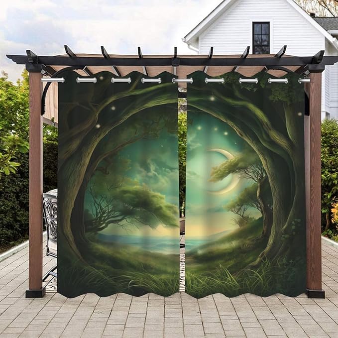 Forest Theme Waterproof Outdoor Curtains for Patio,Trees Moon Lake Pattern,Privacy Curtains for Porch Pergola Arbor Lanai Pool House Outside Deck,2 Panels,54 x 84 inch,Green