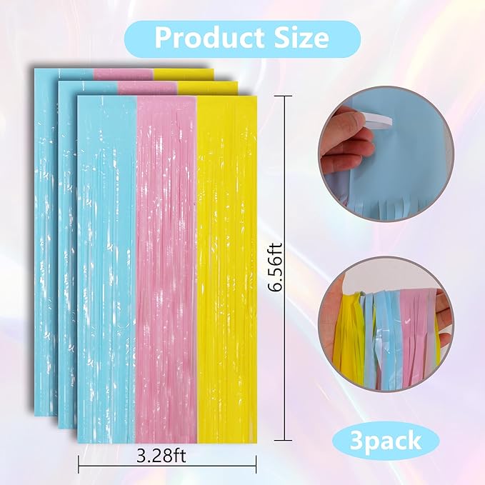BEISHIDA 3Pcs Pastel Color Door Streamer Backdrop Foil Fringe Tinsel Curtains Backdrops for Birthday Baby Shower Party Decoration (3.28 ft x 6.56 ft)