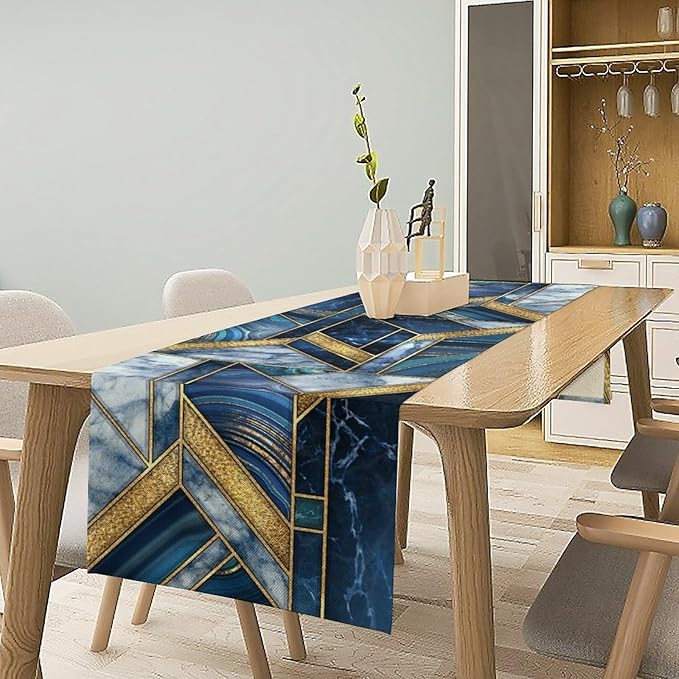 Marble Texture Table Runner, Dark Blue Gold Modern Mosaic Design Table Runner Decoration for Kitchen Family Dinner Table Holiday Party Farmhouse 13x120in