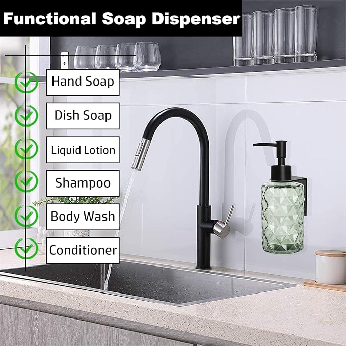 2 Pack Green Shampoo and Conditioner Dispenser for Wall Mount, 11oz Clear Glass Shower Soap Bottle for Bathroom, Modern 1 Chamber No Drill, Easy Refill Hand Body Wash Dispensers with Plastic Pump