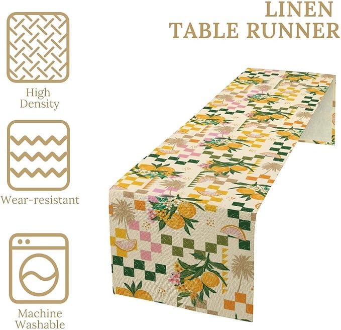 Tropical Summer Fruit Table Runner, Orange Square Grid Lemon Beach Ocean Table Runner for Kitchen Dining Party Holiday Home 13x90in