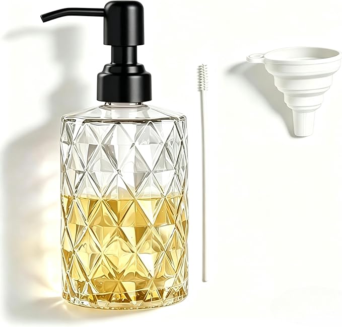 Easy Tang Glass Hand Dish Soap Dispenser Kitchen Bathroom 12 Oz Refillable Liquid Crystal Design Bottle with Black Pump (Clear)