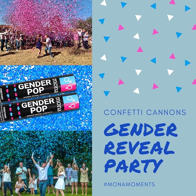 Mona Gender Reveal Confetti Cannon - 6-Pack (3 Blue, 3 Pink) - Gender Reveal Confetti, Baby Gender Reveal Party Supplies Kit, Great Gender Reveal Ideas