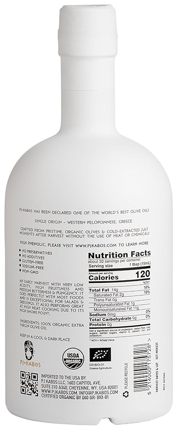 P.J. Kabos 2025 Gold Award Winner, High Phenolic (500+ mg/kg), USDA Organic Greek Extra Virgin Olive Oil, Kosher, Greece, Cold Extracted, 16.9oz