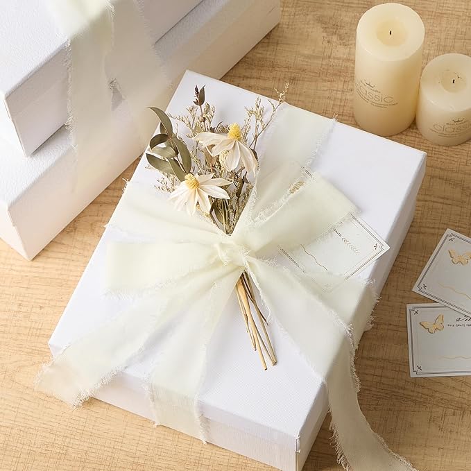 Ivory Chiffon Ribbon 1.5" x 21 Yd Handmade Fringe Silk Chiffon Fabric Ribbon for Gift Wrapping Wedding Invitation Bridal Flower Bouquet DIY Crafts Home Decor