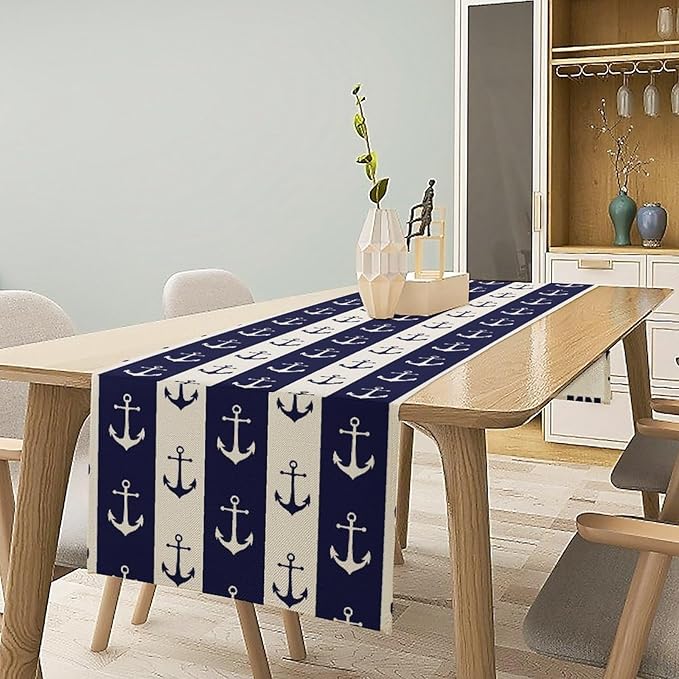Nautical Anchor Table Runner, Ocean Beach Coastal Beach Stripe Background Theme Table Runner for Dining Kitchen Party Holidays Home 13x108in