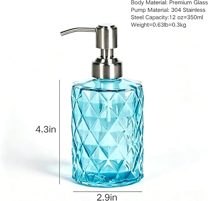 Easy Tang Glass Hand Soap Dispenser Kitchen Bathroom 12 Oz Refillable Liquid Bottle with Silver Pump Ideal for Dish Detergent Essential Oil Shampoo Lotion (Blue)