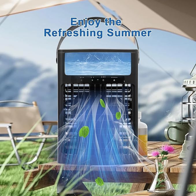 Portable Air Conditioner, 4 IN 1 Table Misting Fan 1000ML Water Tank, Personal Fan 5 Speeds & 3 Spray Modes Timing Evaporative Air Cooler, Desk Cooling Fan for Bedroom Office Living Room (Black)