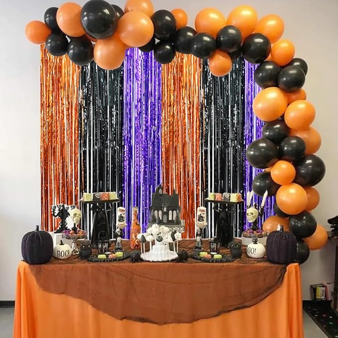BEISHIDA 3 Pack Tinsel Curtain Party Streamers Backdrop Halloween, Door Streamers Fringe Foil Curtain Backdrop Curtain for Halloween Party Decoration, Orange Black Purple (3.28 ft x 6.56 ft)