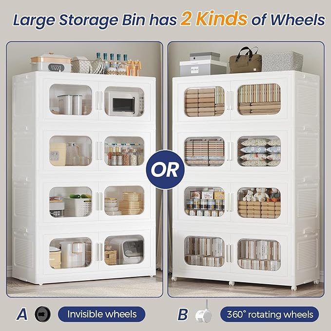 250Gal Exra Large Stackable Storage Bins with Lid, 1000QT Collapsible Storage Box with 6x Wheels, Folding Plastic Cabinet Container with Door Drawer for Home Kitchen Office Dorm, 5Pack White