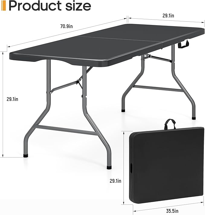 6ft Folding Table Heavy Duty 350 LBS 6 Foot Fold in Half Table with 18% Thicker HDPE Waterproof Top & Reinforced Steel Frame, Portable Foldable Table for Outdoor Indoor Party Wedding Camping