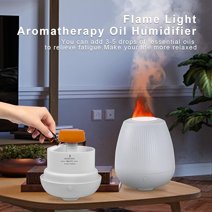 Flame Oil Diffuser, 200ml Aromatherapy Diffuser, Essential Oil Air Diffuser with 3 Modes of Fire Light Personal Humidifier Auto-Off for Office Yoga Bedroom Spa Gym,Super Quiet (White)