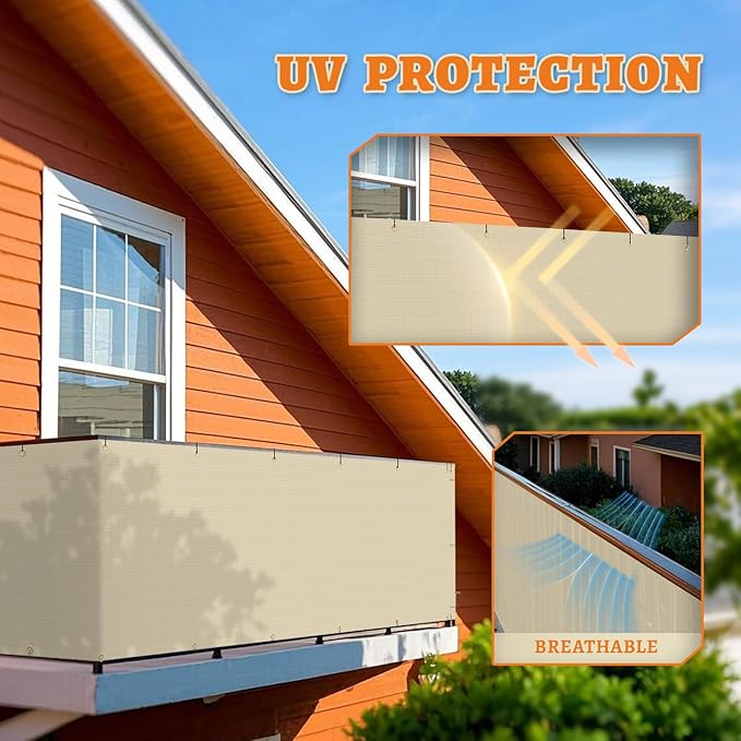 2.5' x 113' Balcony Privacy Screen Fence Cover with Zip Ties Grommets for Apartment Patio Porch Deck Backyard Outdoor (Beige)