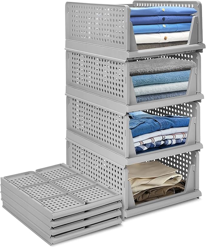Stackable Wardrobe Organizer for Clothes - Multipurpose Foldable Plastic Closet Storage Cupboard for Home Kitchen, Bedroom (Pack of 5, Grey)