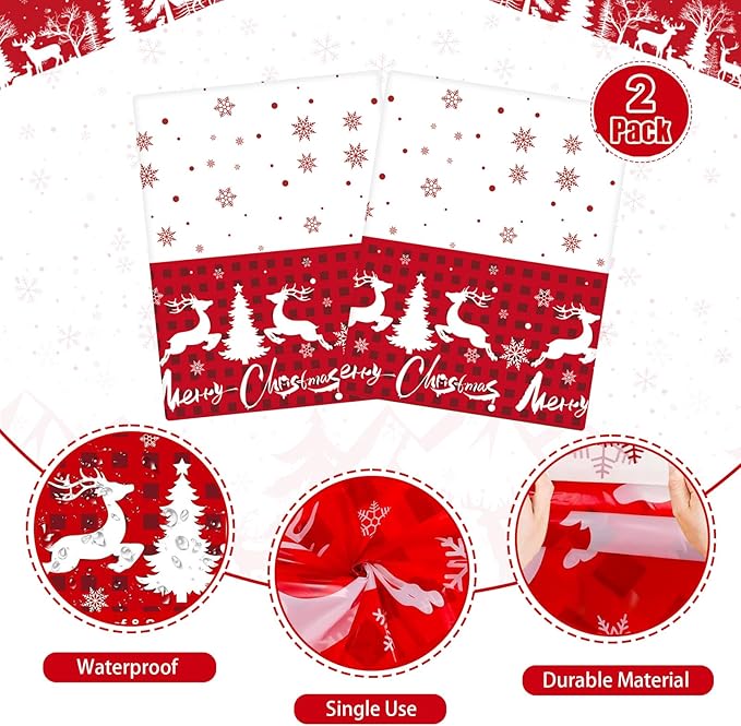 Winter Christmas Tablecloths - 2-Pack, Winter Themed with Reindeer and Snowflakes, Disposable Plastic Tablecloths 54" x 108", Ideal for Indoor and Outdoor Christmas Party Decorations
