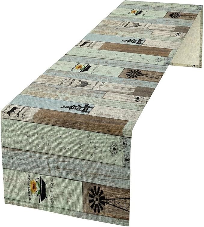 Rustic Farmhouse Table Runner, Vintage Country Blue Green Wooden Board Cow Chicken Pig Windmill Print Table Runner for Kitchen Dining Room Wedding Party Decor, 13x120inch