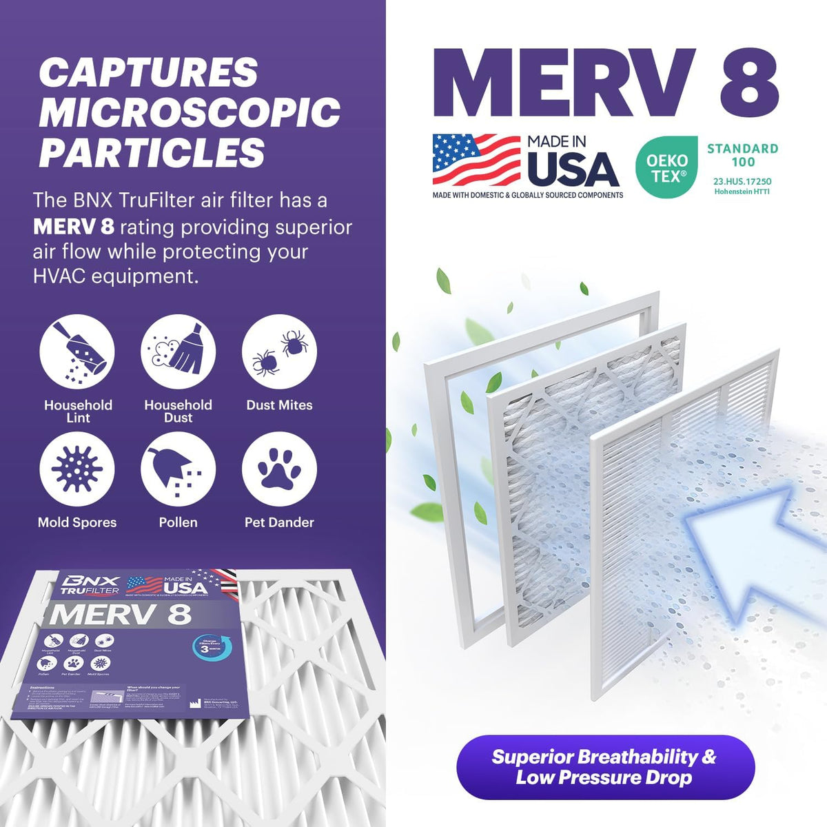 BNX TruFilter 18x18x1 Air Filter MERV 8 (6-Pack) - MADE IN USA – Dust & Pet Defense Air Conditioner HVAC AC Furnace Filters for Dust, Pet, Mold, Pollen MPR 600 – 700 & FPR 5