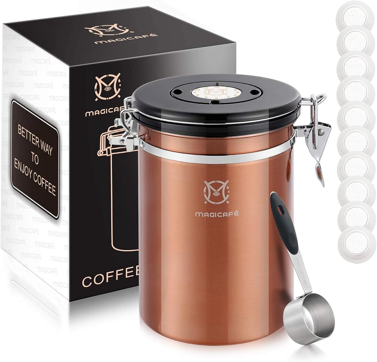 Airtight Coffee Bean Container - Co2 Valve Coffee Bean Canister with Scoop for Ground Coffee Large Copper 21oz