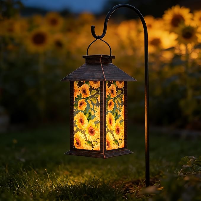 Sunflower Solar Lanterns Outdoor Waterproof, Decorative Solar Lantern with Flickering LED Candle, 13 Inch Hanging Garden Lantern for Porch Patio Yard Decor, Gifts for Women Mom Grandma, 1 Pack