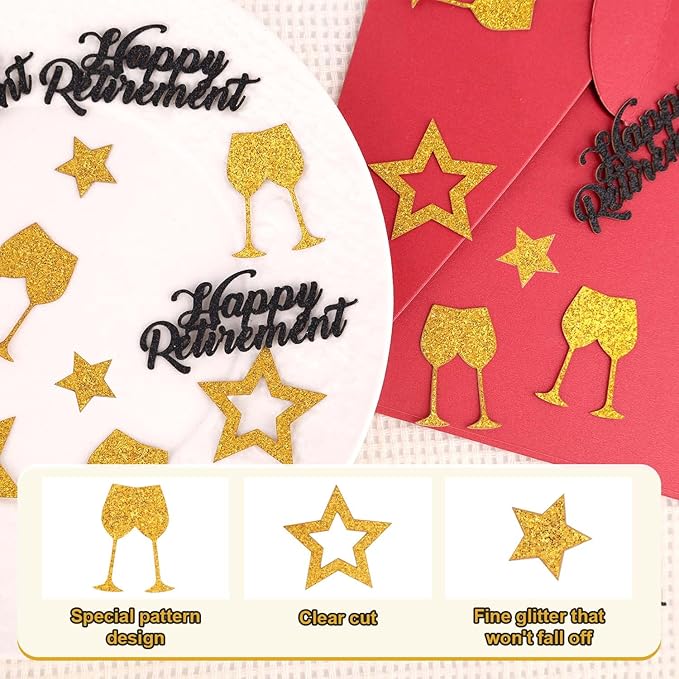 300pcs Happy Retirement Confetti, Black & Gold Table Confetti for Retirement Party Decorations Glitter Table Scatter for Farewell Party Decor Gifts Cake Centerpieces