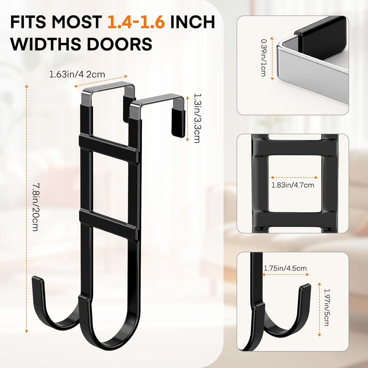 FYY Over The Door Hooks - 2 Pack Heavy Duty Dual-Hook Organizer Hanger with Non-Slip Rubber for Towels, Clothes, Hats & Bags Use in Bathroom, Bedroom, Kitchen - Fits Interior Doors Up to 1.6" Black