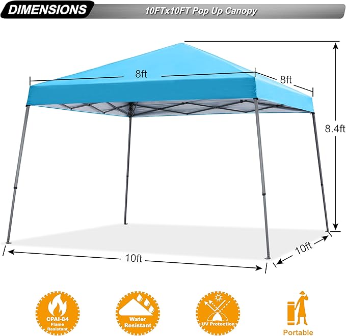 ABCCANOPY Stable Pop up Outdoor Canopy Tent 10 x 10 ft Base / 8 x 8 ft Top, Sky Blue