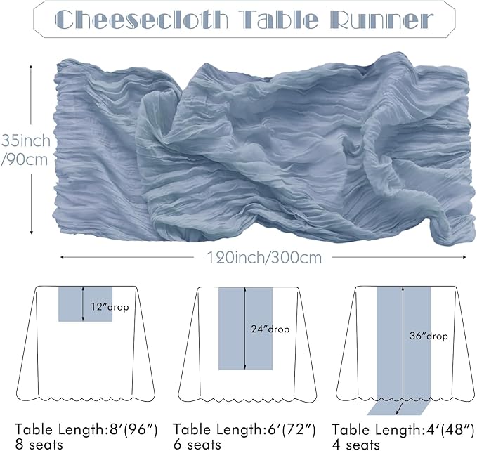 IVAPUPU 4 Pcs Cheesecloth Table Runner - 10ft Dusty Blue Spring Boho Gauze Cheese Cloth Table Runners for Baby Shower Decoration Wedding Party Garden Farmhouse
