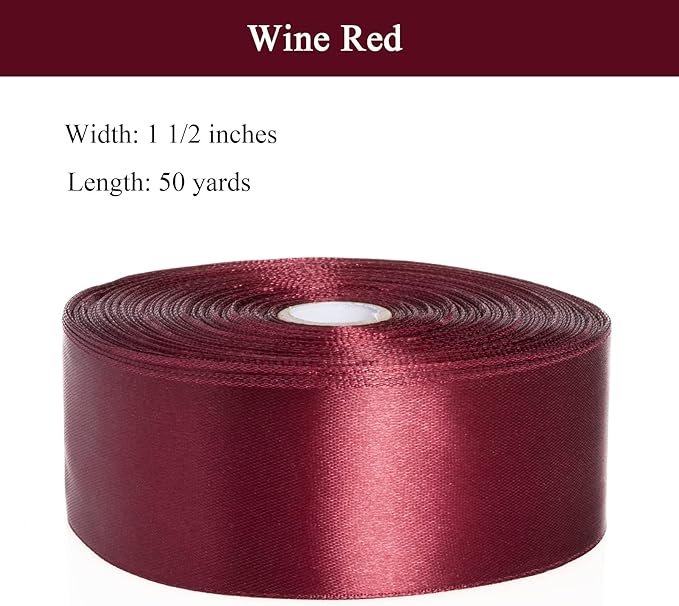 YASEO 1 1/2 Inch Wine Red Solid Satin Ribbon, 50 Yards Craft Fabric Ribbon for Gift Wrapping Floral Bouquets Wedding Party Decoration