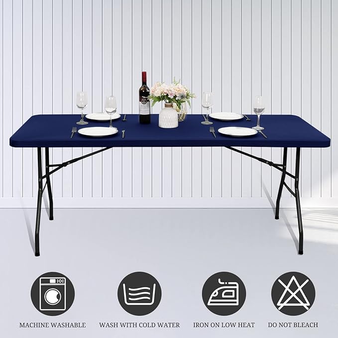 10 Pack Stretch Fabric Table Top Cap Cover, fits 8' Tables, Spandex Table Covers Washable Elastic Rectangle Tablecloth Protector for Indoor Outdoor Party Picnic Wedding, Navy Blue, 30" W x 96" L