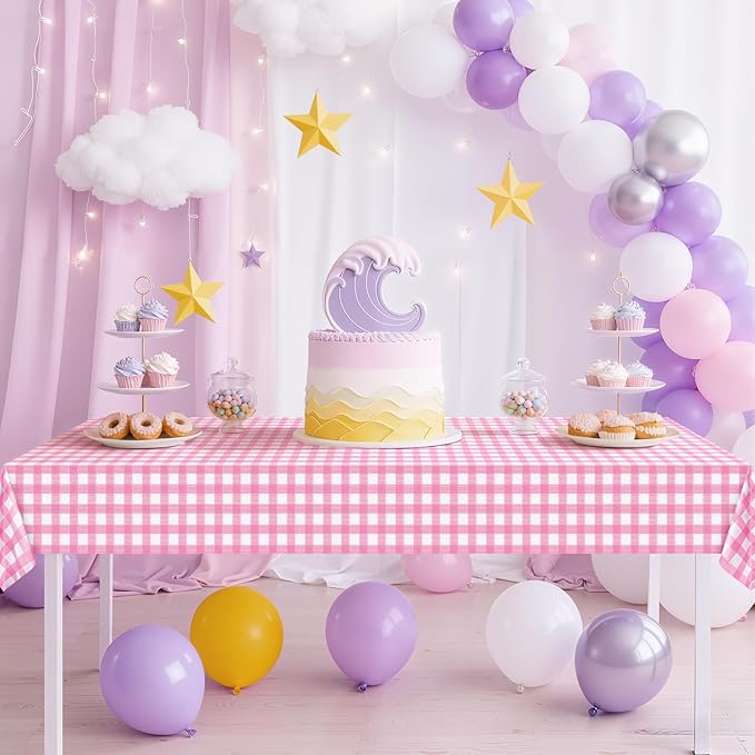 1 Pack Pink Striped Gingham Tablecloths, 54 x 108 Inch Disposable Plastic Rectangle Table Covers, Waterproof Pink and White Checkered Pink Table Cloths for Picnic, Birthday, Party, Outdoor Events