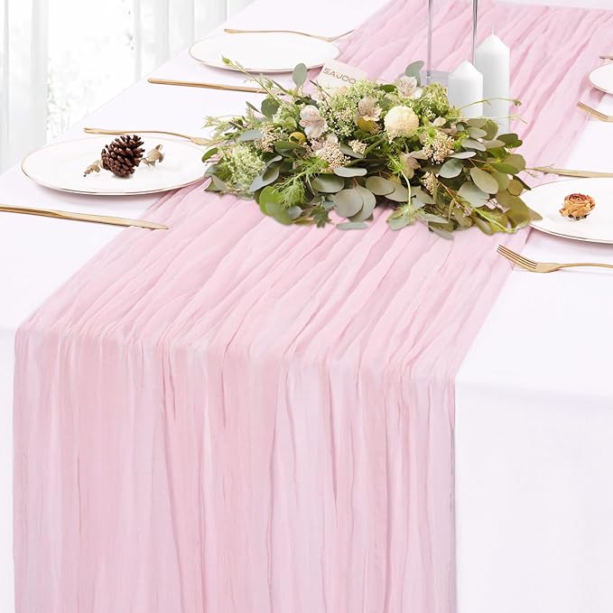 Pink Cheesecloth Table Runner 10FT Boho Rustic Sheer Cheese Cloth Table Runners 120 Inch Gauze Table Decorations for Wedding Bridal Baby Shower Birthday Party Home Decor