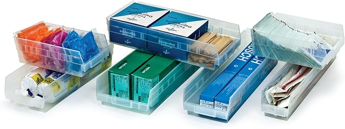 Quantum Storage QSB106 Heavy-Duty Nesting Plastic Shelf Bins for Pharmacy, Hospital & Warehouse, Hanging Lip & 7 Divider Slots, 23-5/8" x 6-5/8" x 4", Red, 8-Pack