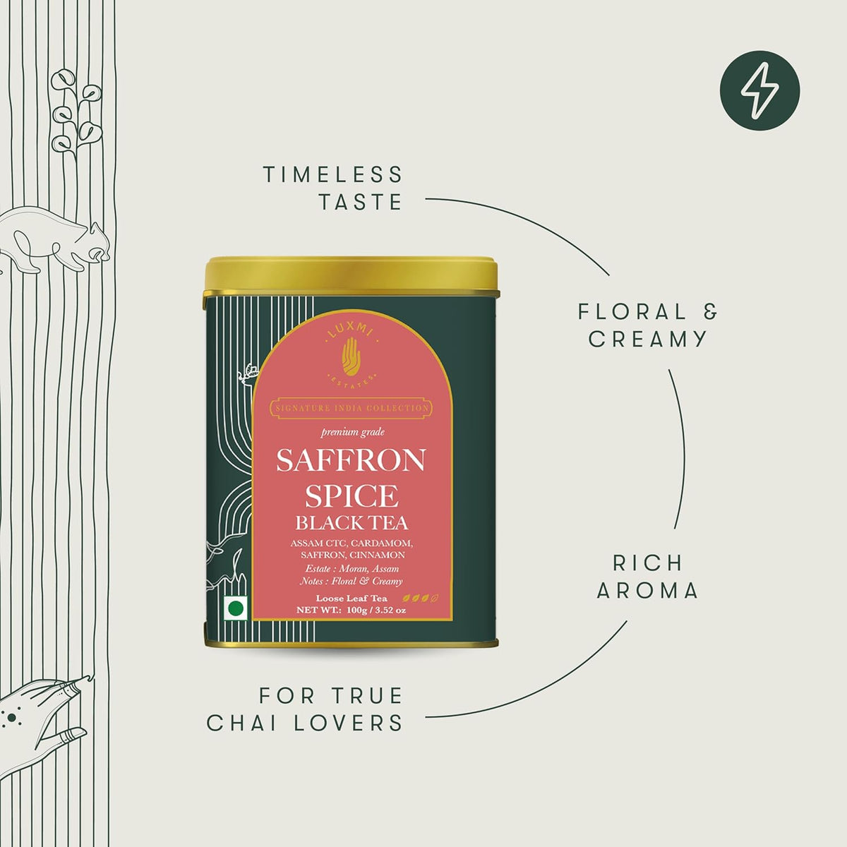 Luxmi Estates Saffron Chai, 100 gm, Signature India collection, Assam CTC Tea, Black tea collection, Saffron chai Organic Strong tea, Antioxidants