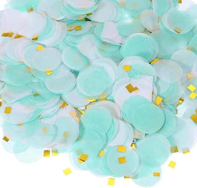 PATIKIL Round Tissue Paper Confetti 1 Inch, Table Confetti Circle Dots for Wedding Birthday Party Balloon Decorations(1.76 oz),Turquoise/White/Gold