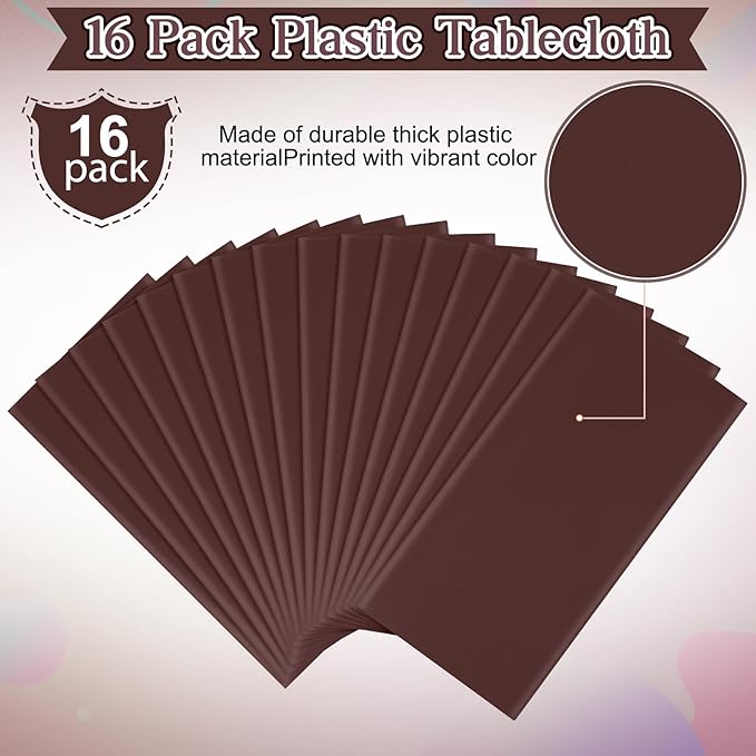 16 Pack Brown Plastic Tablecloth for Rectangle Tables, Premium Decorative Brown Disposable Table Cloths for Parties, Bulk Rectangle Party Table Cover for Birthday, Wedding, Anniversary, 54 x 108 Inch