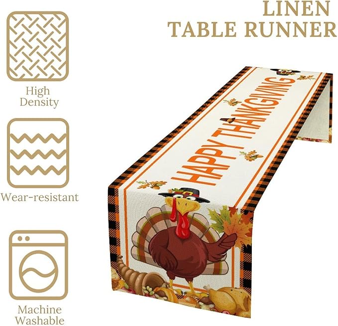 Happy Thanksgiving Table Runner, Autumn Pumpkin Maple Leaves Turkey Print Fall Harvest Holiday Kitchen Dining Table Decor for Indoor Outdoor Party, 13x60inch