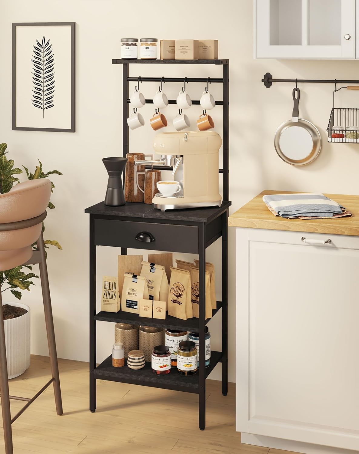 Ymyny 5 Tier Coffee Bar Station, Coffee Stand with Fabric Drawers, 8 S-Shaped Hooks, Corner Bar Cabinet, Height Adjustable, Bakers Rack for Kitchen