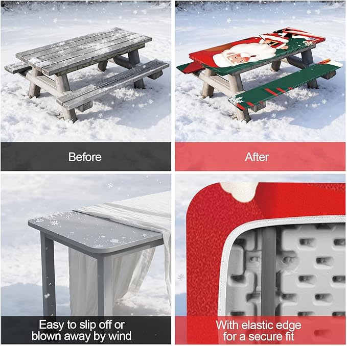 Picnic Table Cover with Bench Covers Set of 3, Elastic Fitted Tablecloth for 6 Foot Tables, Washable Polyester Tablecloths for Camping, Indoor & Outdoor