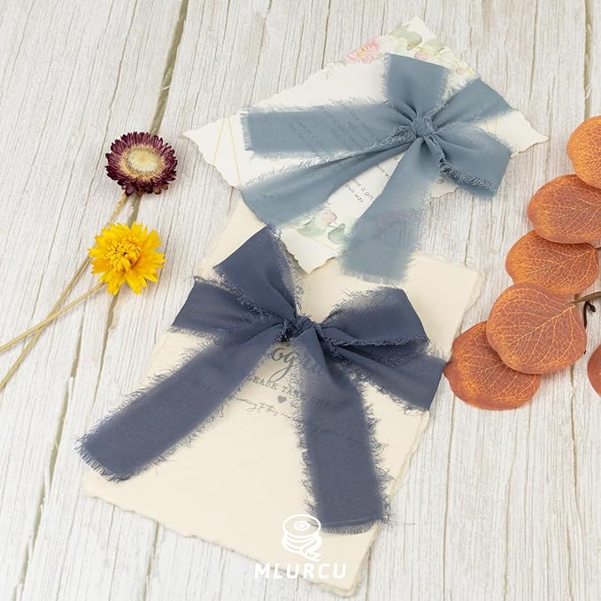 Dusty Blue Chiffon Ribbon 1.5 Inch x 21Yds Handmade Fringe Chiffon Silk Ribbon Dusty Blue/Slate Blue/Dark Blue Frayed Chiffon Ribbon for Wedding Invitation Flower Bouquets Bridal Shower Gift Wrapping