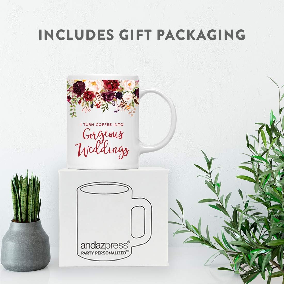 Andaz Press 11oz. Wedding Ceramic Coffee Tea Mug Gift for Wedding Planner, Fall Autumn Marsala Burgundy Flowers Roses Florals