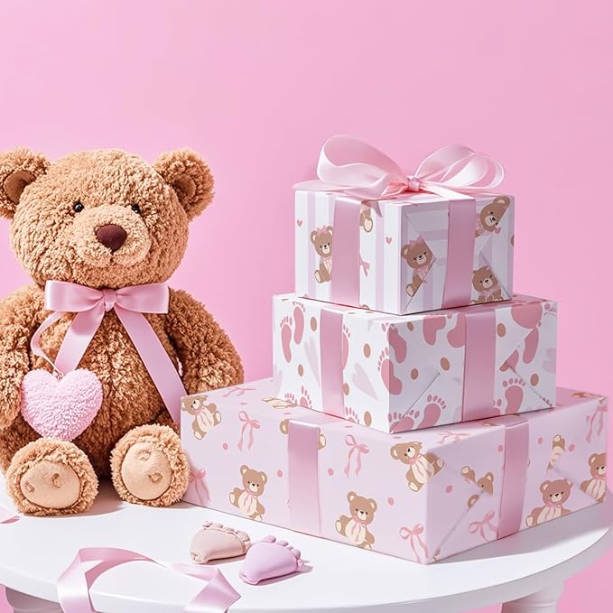 WRAPAHOLIC Bear Baby Shower Wrapping Paper - Mini Roll - 3 Rolls - 17 Inch x 120 Inch - Coquette Teddy Bear with Pink Ribbon Bow Wrapping Paper for Baby Shower, Girls Birthday