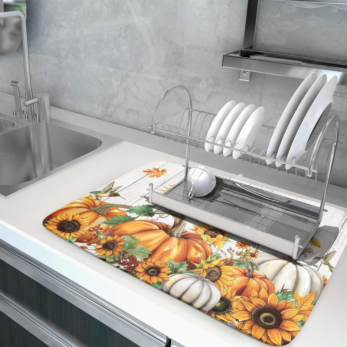 Autumn Harvest Pumpkin Dish Drying Mat for Kitchen Counter Sunflower Maple Leaves Fall Dish Drying Mat 18”x24” Thanksgiving Dishes Pad Dish Drainer