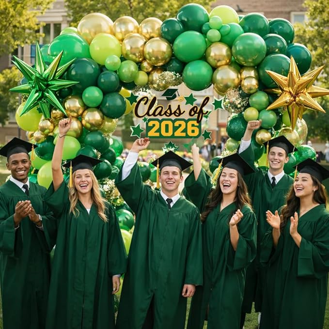 Tesochye 147 PCS Green and Gold Balloon Garland Arch Kit,Dark Green Gold Confetti Balloons with Exploding Star Foil Balloons for Graduation Class of 2026 Anniversary Birthday Jungle Party Decorations