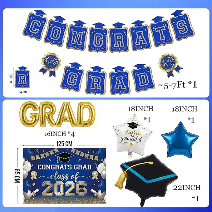 2026 Graduation Decorations Royal Blue and Gold - Congrats Grad Banner Backdrop, Hanging Swirls, Honeycomb Centerpieces & Balloons - Class of 2026 Party Supplies Set