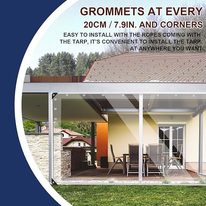 15oz Outdoor Clear Curtain, PVC Vinly Outdoor Clear Panel Curtain, Weather Resistant Outdoor Curtain for Pergola, Porch, Gazebos, with Rustproof Grommets-9'H x 15'W(180''W x 108''L,H=L)