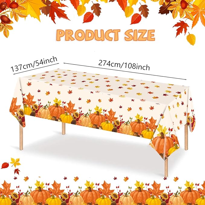 Fall Thanksgiving Plastic Tablecloths - 2 Pack Autumn Themed Pumpkins and Maple Leaves, 54" x 108" Disposable Tablecloths for Fall Thanksgiving Harvest Party Decorations