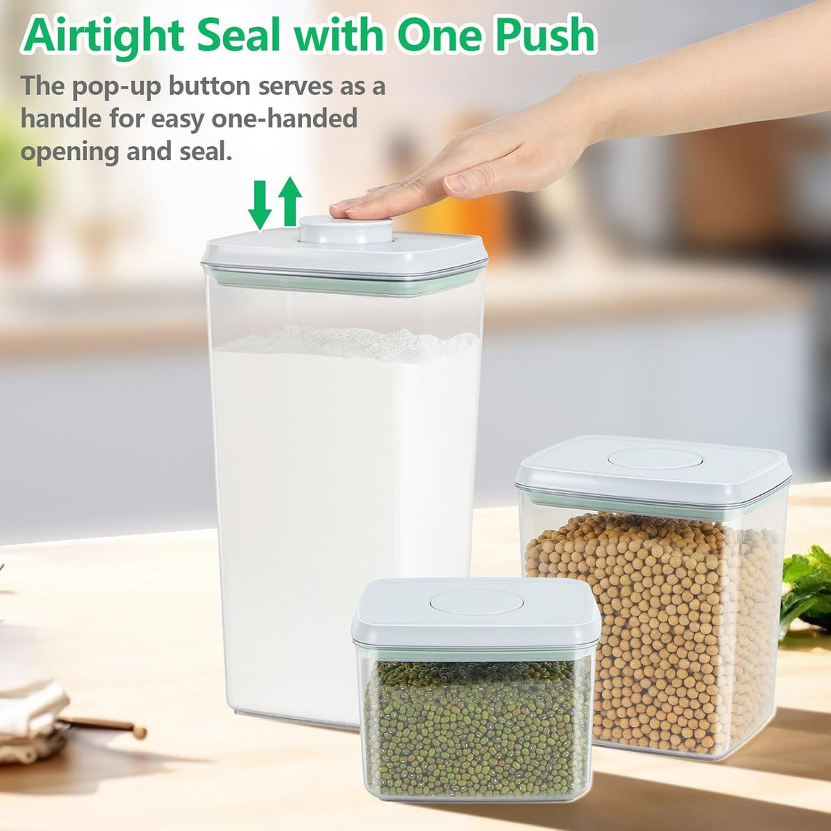 3 Pack Flour and Sugar Storage Containers with Pop-up Lid, 1.26Qt + 2.11Qt + 3.48Qt Food Storage Container for Rice, Spaghetti, Pasta, Nuts, Snack
