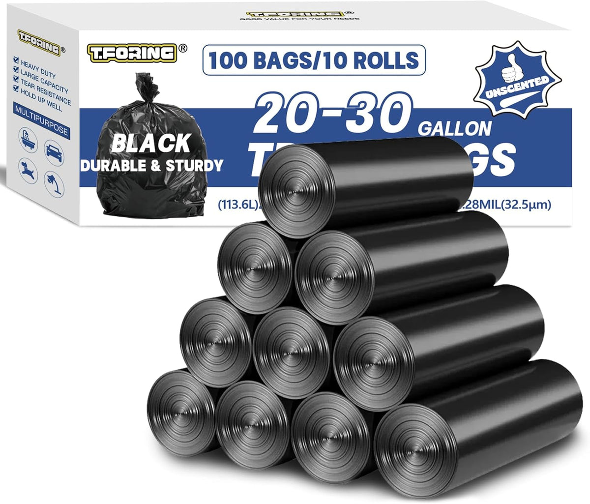 20-30 Gallon Trash Bags Black - 1.28 Mil Thick,30" x 35" Large Garbage Bags 100 Count，20+ Gallon Heavy Duty Trash Can Liners Unscented for Kitchen Home Office Commercial Outdoor