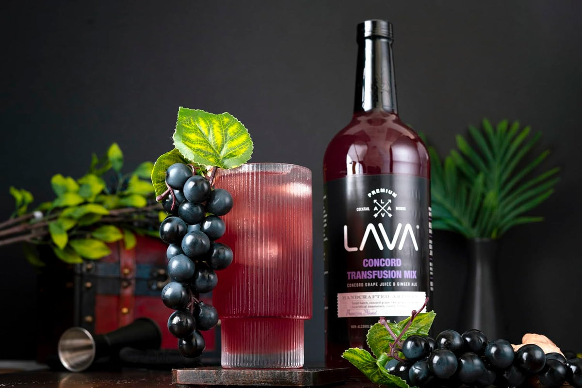 Lava Premium Concord Transfusion Mix made with concord grape juice, real ginger, ginger ale, no artificial sweeteners, 1-Liter (33.8oz) Glass Bottle