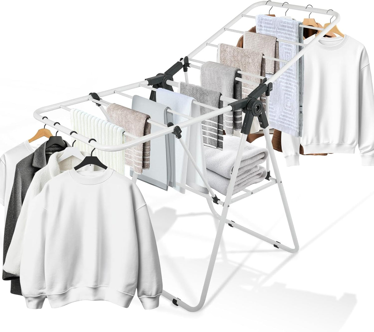 Clothes Drying Rack, Metal Foldable Laundry Drying Rack, with Adjustable Height Levels Wings, Space Saving, Indoor Outdoor Use